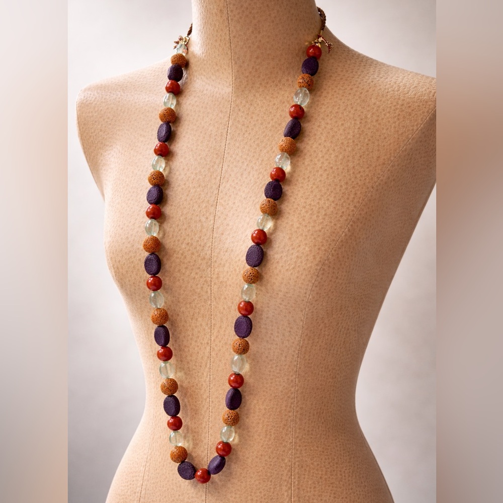 NWT Bohemian Natural Stone & Lava Beads  Handcrafted Necklace with Lace Accents